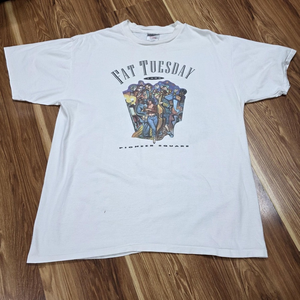 Vintage Fat Tuesday Pioneer Square Shirt Mens XL White Oneita Mardi Gras 90s